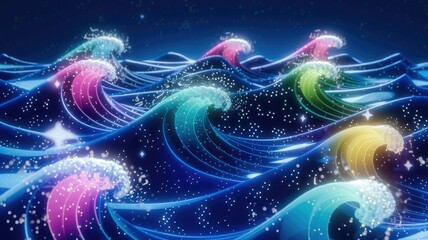 Neon-glowing waves crash on a dark, starry sea, creating a vibrant, surreal dreamscape.