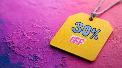 Price tag with '30% off' on a textured pink background.