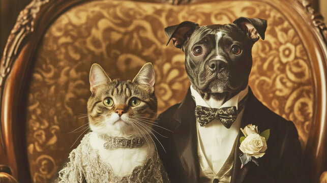 Art Deco wedding portrait featuring a dog and a cat in luxurious attire from the 1920s