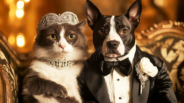 Luxurious 1920s Art Deco-style wedding portrait featuring a dog and cat in elegant attire