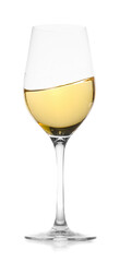 Tasty wine splashing in glass on white background