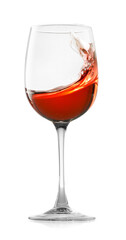 Rose wine splashing in glass on white background