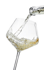 Pouring wine into glass isolated on white
