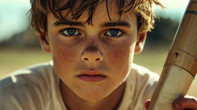 Determined young boy holding baseball bat with intense focus outdoors