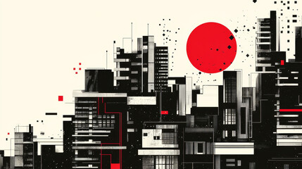 Retro-futuristic neo-brutalist cityscape featuring black and white buildings with bold red accents