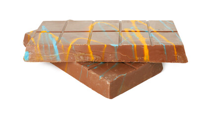 Two Dubai chocolate bars with pistachio and knafeh isolated on white