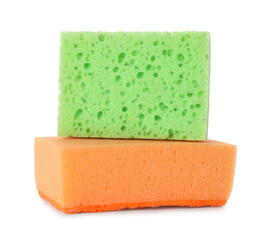 Two colorful sponges isolated on white. Cleaning supply