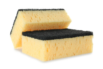 Two yellow sponges isolated on white. Cleaning supply