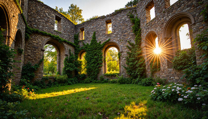 Enchanted abandoned castle bathed in golden hour light, magical beauty