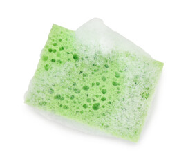 One green sponge with foam isolated on white, top view