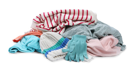 Pile of different used clothes isolated on white