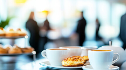Elegant corporate breakfast with cappuccino and pastries at a networking event