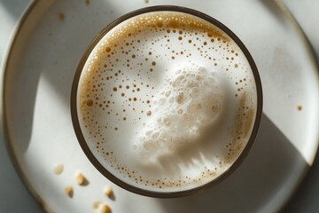Close-up view of a glass of cappuccino, the foam showing delicate bubbles and textures, sitting on a plate.