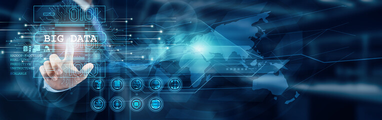 Big Data. Businessman touch word Big Data refers to large and complex datasets that are generated at high velocity, enabling organizations to analyze and extract valuable insights for decision-making.