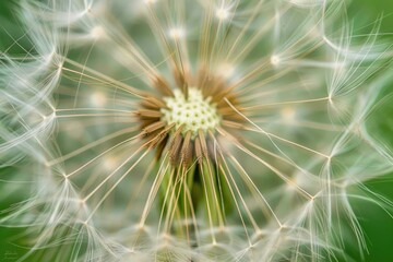Fototapeta premium Close up of dandelion flower showing seeds spreading in nature with blurred green background