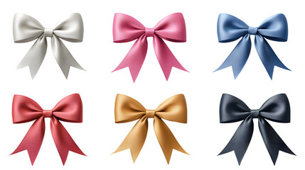 Set of Satin Ribbon Bows in Various Colors – Elegant Gift Decoration, Isolated on Transparent Background