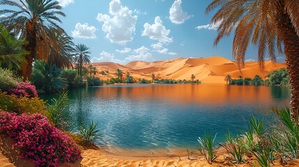Oasis lake, desert palms, dunes, sunshine, travel