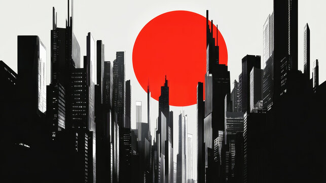 Futuristic skyscrapers in harsh light and shadows, featuring bold red accents