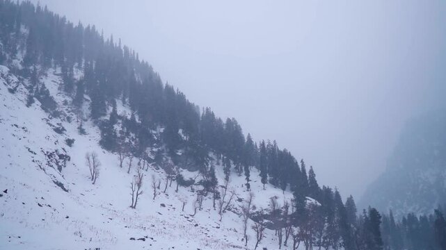 Slow motion shot of snowfall in front of snowy Himalayan mountain peaks during the winter storm as seen from Chandanwari near Pahalgam in Jammu and Kashmir, India. Snowfall in the mountain background.