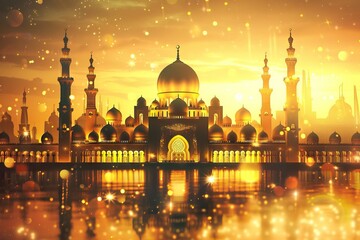 Beautiful greeting card for Eid Mubarak festival with shiny Mosque and Masjid.