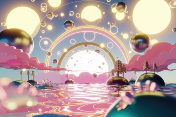 Obraz premium Surreal dreamscape with pastel clouds, glowing orbs, and miniature trees reflecting in a calm, pink water.