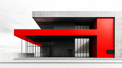 Bold red accents highlight minimalist functionalism in stunning brutalist architecture