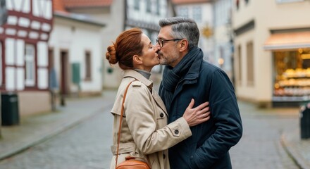 Romantic winter stroll with mature caucasian couple in european village setting