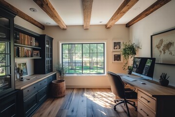 Obraz premium A cozy Modern farmhouse interior design style home office featuring a large window with natural light, wooden beams on the ceiling, a desk with a computer, and bookshelves filled with books. 