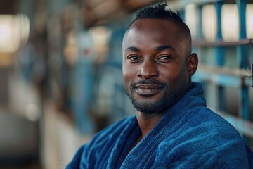 Fototapeta premium Portrait of positive African American male worker in blue robe working on dairy farm