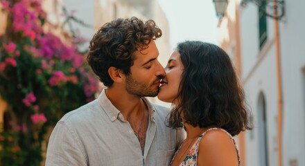 Romantic moment between young caucasian couple against blooming floral backdrop