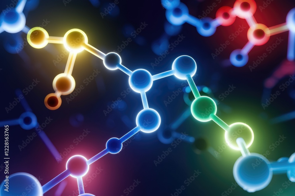 Poster abstract representation of molecular structures, vibrant colors illuminate interconnected atoms, sho
