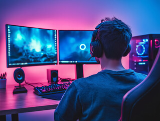 Professional gamer playing on powerful personal computer with colorful neon lights in gaming room setup