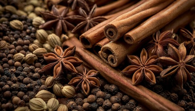 he detailed textures of each spice are captured, from the rough surface of cinnamon sticks