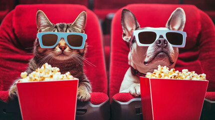 Silly cat and dog enjoy a cozy movie night with popcorn and 3D glasses in a cinema