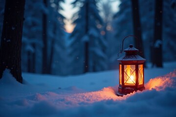Softly glowing lantern amidst snow-covered trees at dusk, forest, ambiance