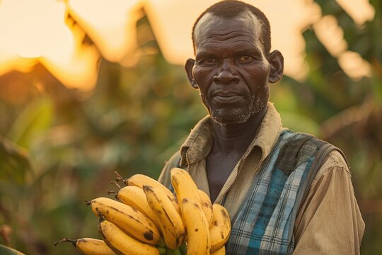 An African farmer on his plantation with a bunch of freshly harvested bananas  work in Africa