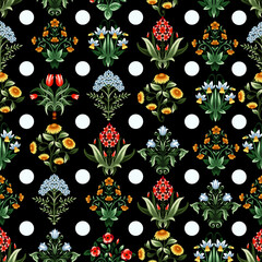 Fototapeta premium Ditsy seamless pattern with symmetrical flowers. Vector.