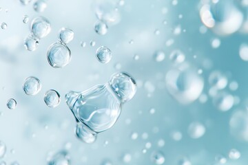 Abstract composition of water bubbles on a light blue background. Refreshing and clean concept.