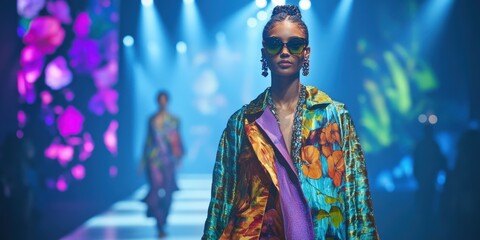 Fototapeta premium Fashion models showcase vibrant designs on the runway