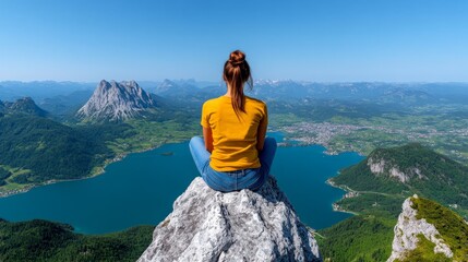 Naklejka premium Mountaintop Serenity: A solitary figure sits in serene meditation atop a rocky mountain peak, overlooking a breathtaking vista of azure waters and verdant valleys, with a backdrop of majestic peaks.