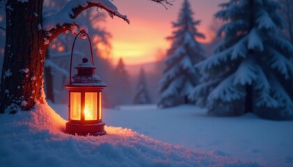 Softly glowing lantern amidst snow-covered trees at dusk, sunset, trees, ambiance