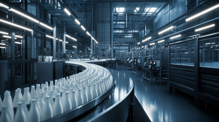 Fototapeta premium Milk bottles on the production line in a dairy factory.