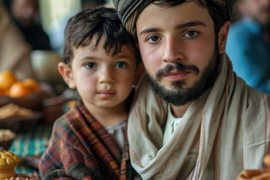Unrecognizable Muslim Father And Son At Family Gathering