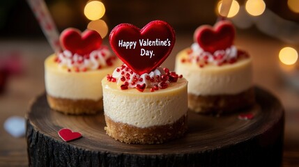 Mini cheesecakes topped with hearts and "Happy Valentine's Day."