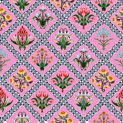 Ditsy seamless pattern with symmetrical flowers. Vector.