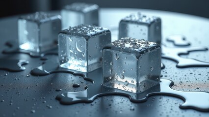 Fresh ice cubes melting on a reflective wet surface with scattered water droplets	