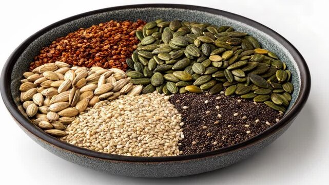 A bowl filled with mixed seeds including pumpkin sunflower and chia arranged neatly to showcase their various sizes shapes and earthy colors.