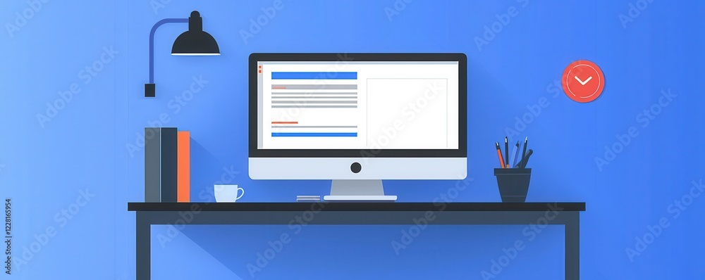 Poster minimalist workspace with blue desk and computer setup for productivity