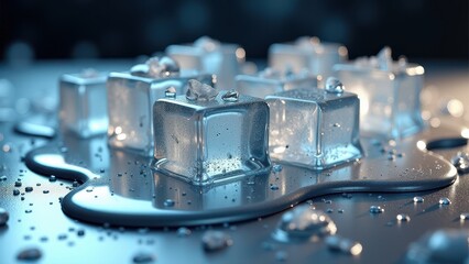 Fresh ice cubes melting on a reflective wet surface with scattered water droplets	