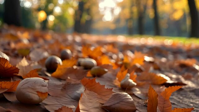 Fallen acorns and golden leaves in tranquil autumn park pathway